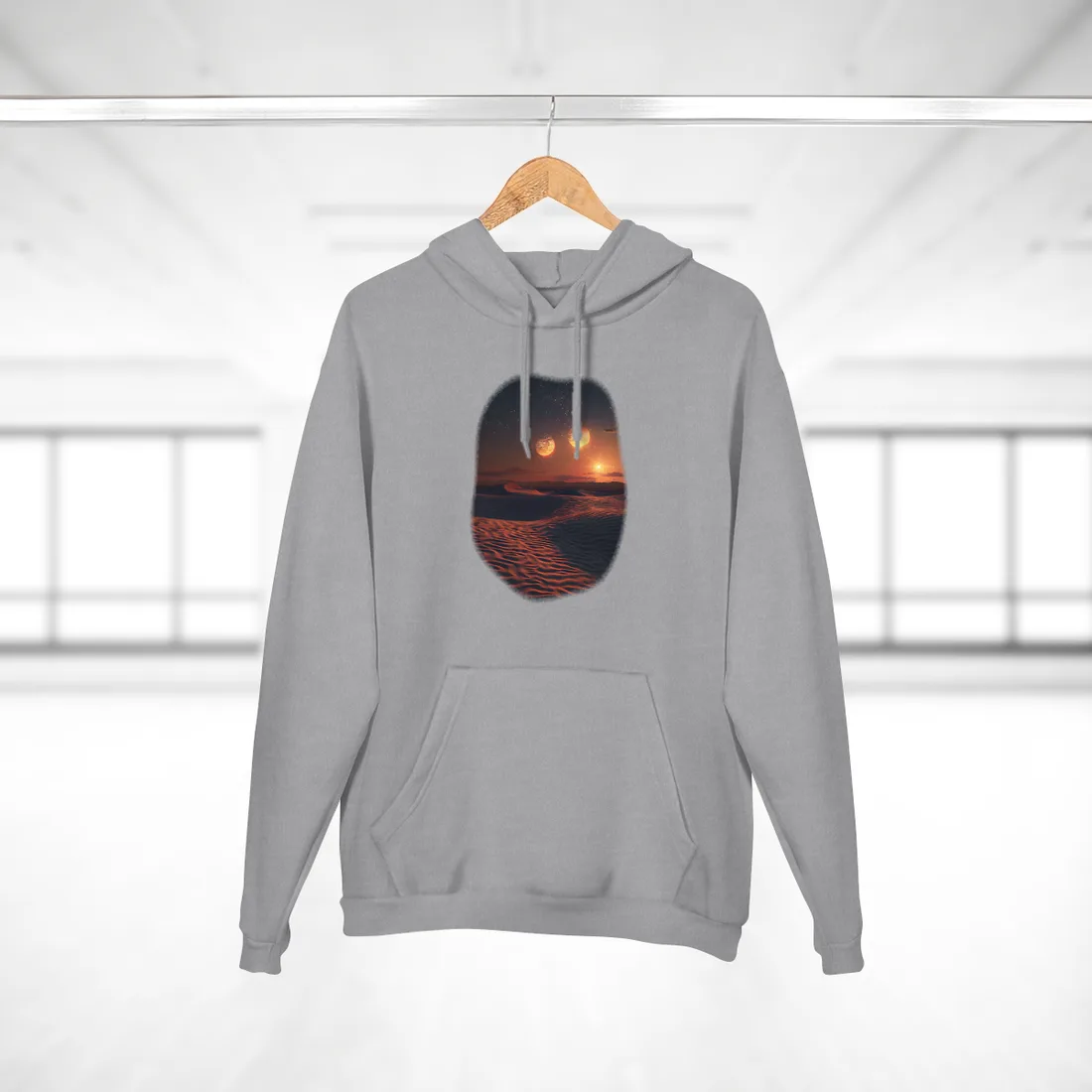 Serene Binary Sunset: Desert Landscape Art - Hoodie (Heather Grey)