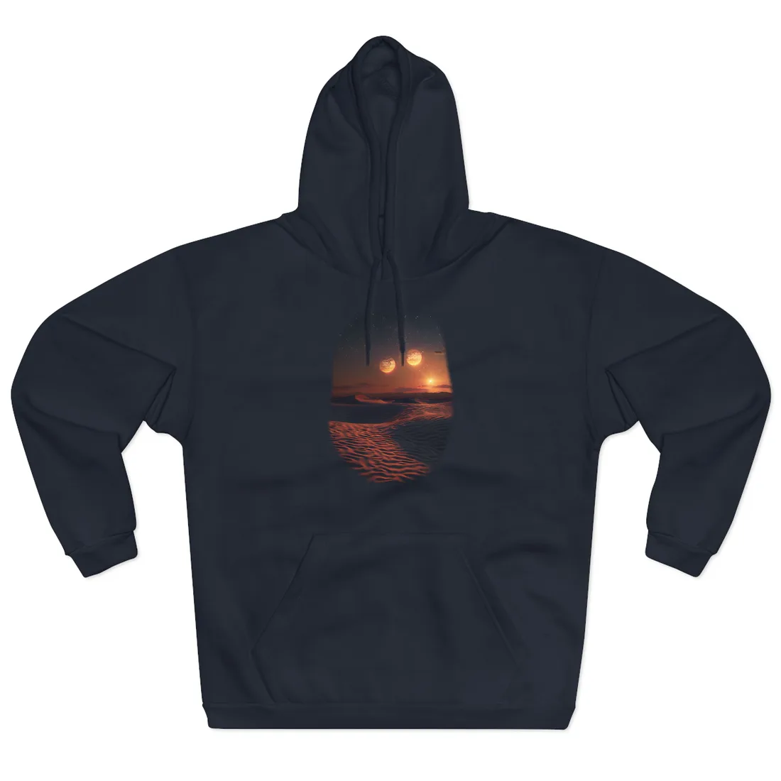 Serene Binary Sunset: Desert Landscape Art - Hoodie (Navy)