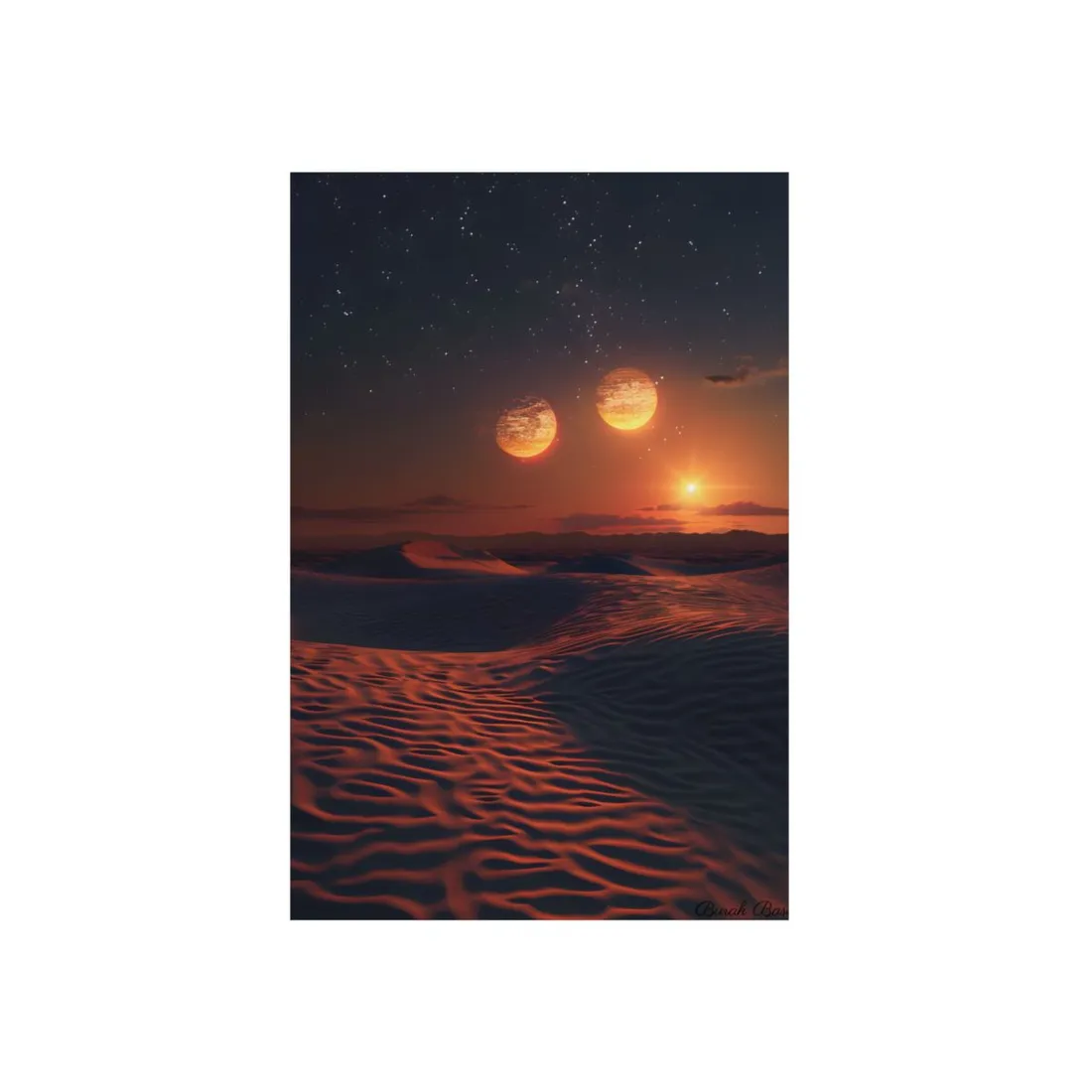 Serene Binary Sunset: Desert Landscape Art - Metal Poster