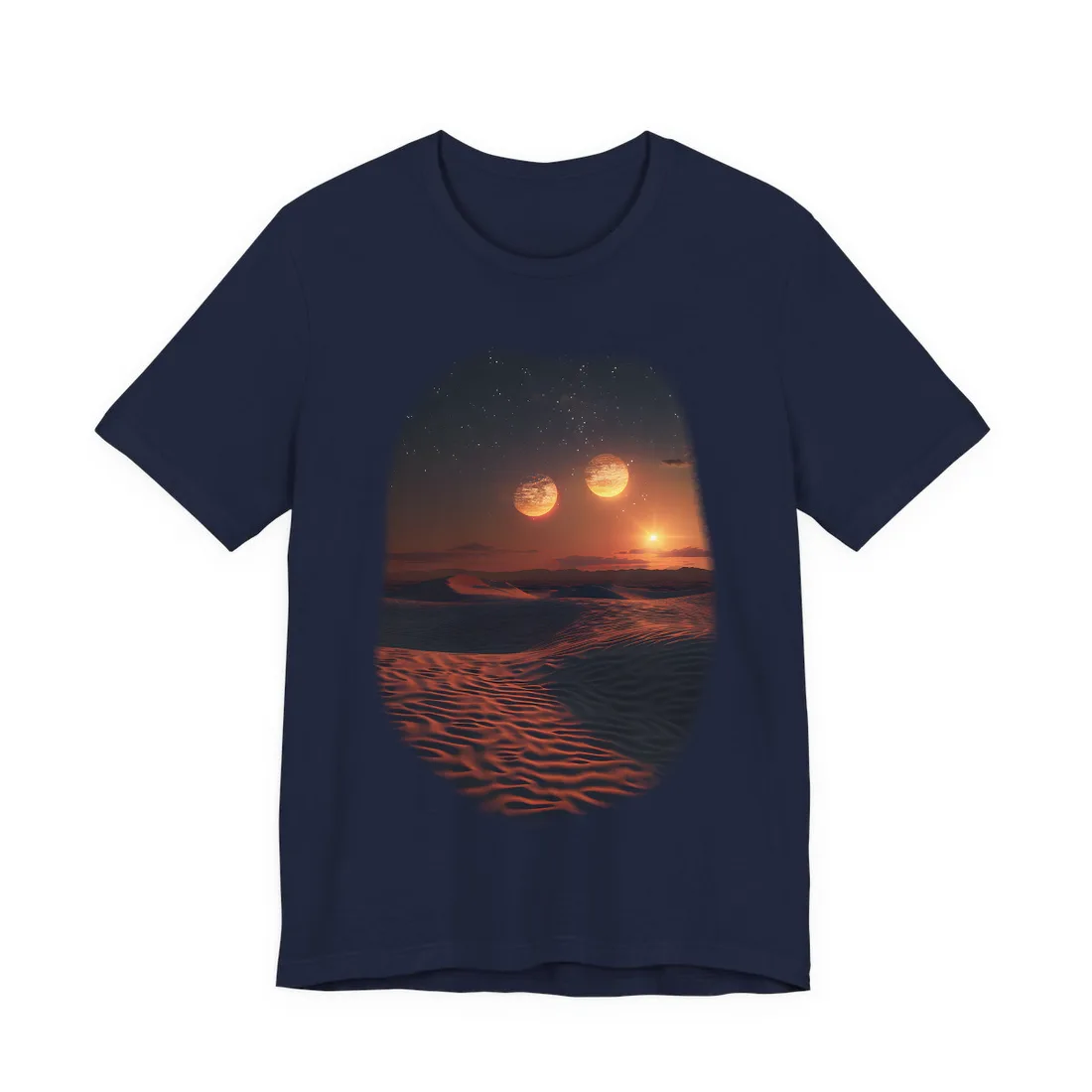 Serene Binary Sunset: Desert Landscape Art - T-Shirt (Navy)