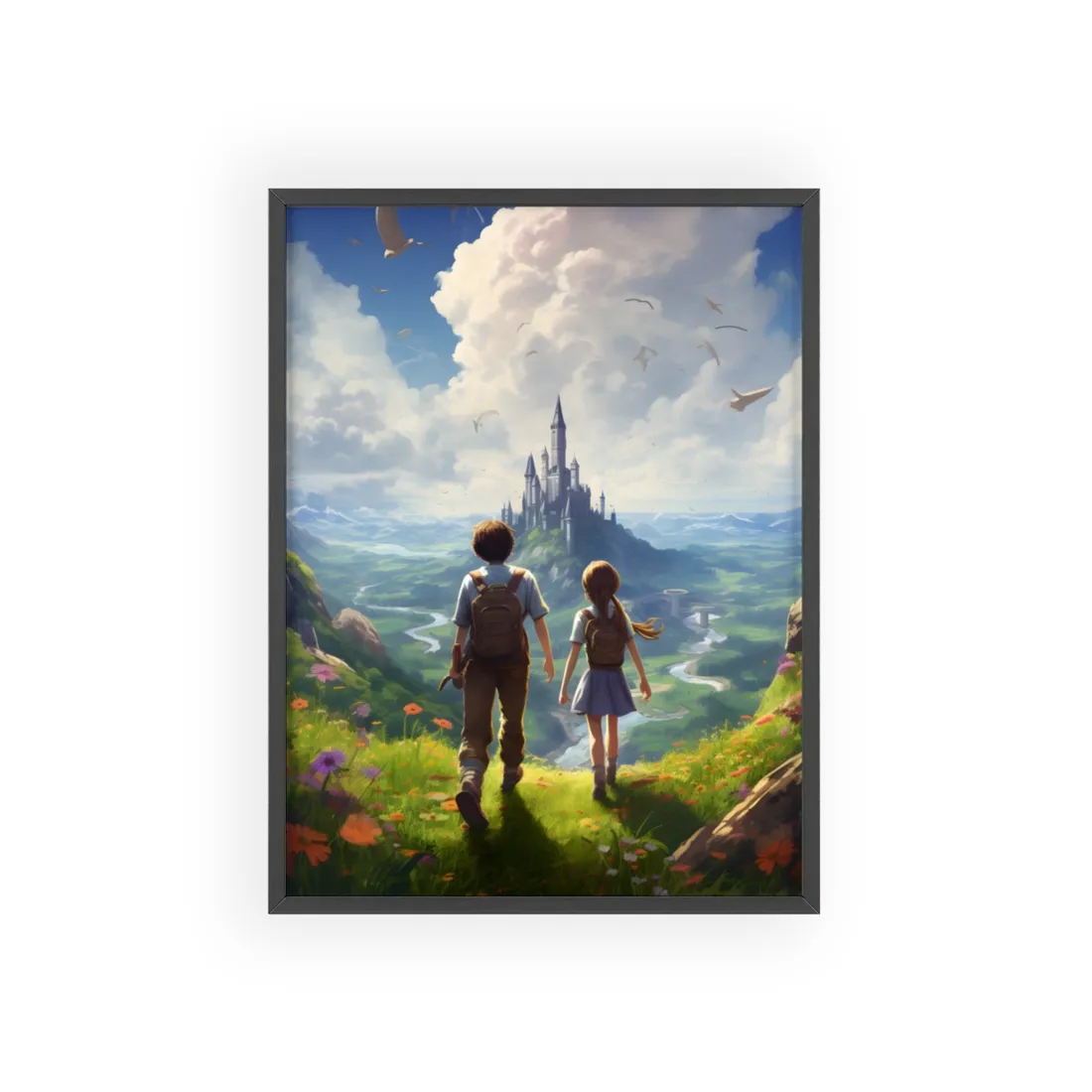 Serene Childhood Moment: A Girl and Boy in Nature - Framed Poster