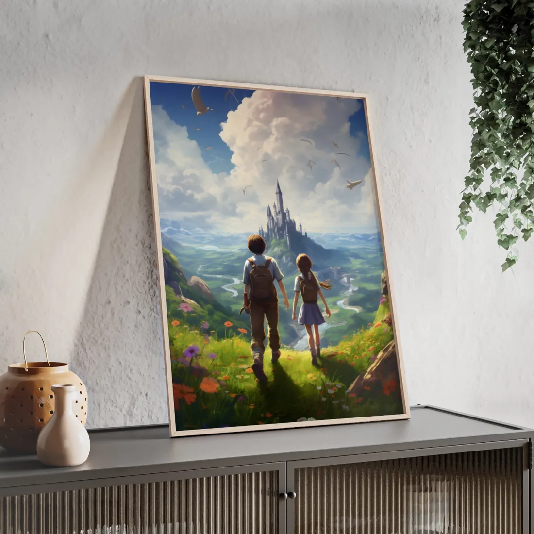 Serene Childhood Moment: A Girl and Boy in Nature - Framed Poster