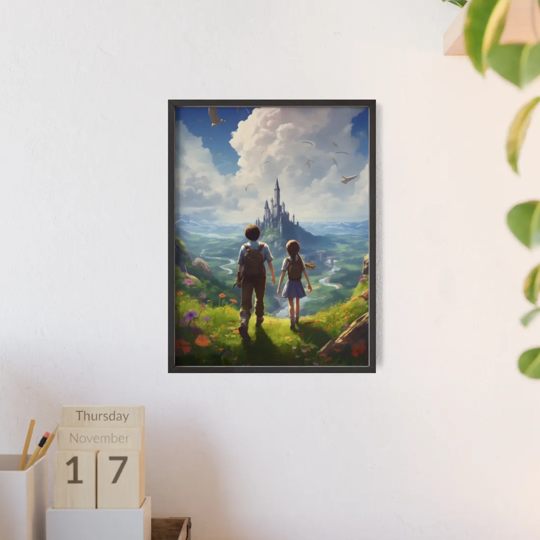 Serene Childhood Moment: A Girl and Boy in Nature - Framed Poster