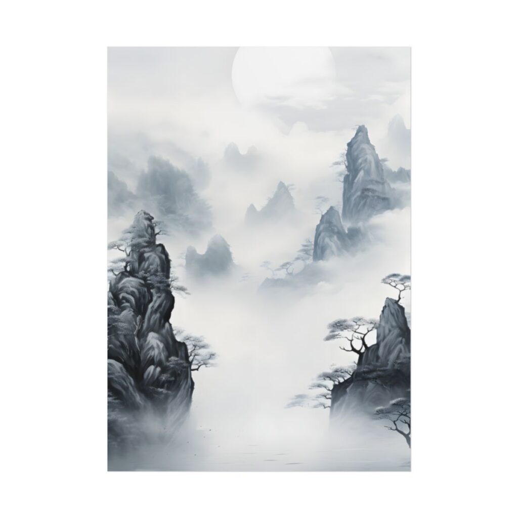 Serene Chinese Ink Landscape: Mirrored Lakes Artwork - Poster