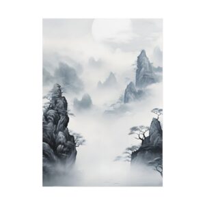 Misty Mountain Landscape with Moon Poster