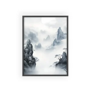 Misty Mountain Landscape with Moon Framed Poster