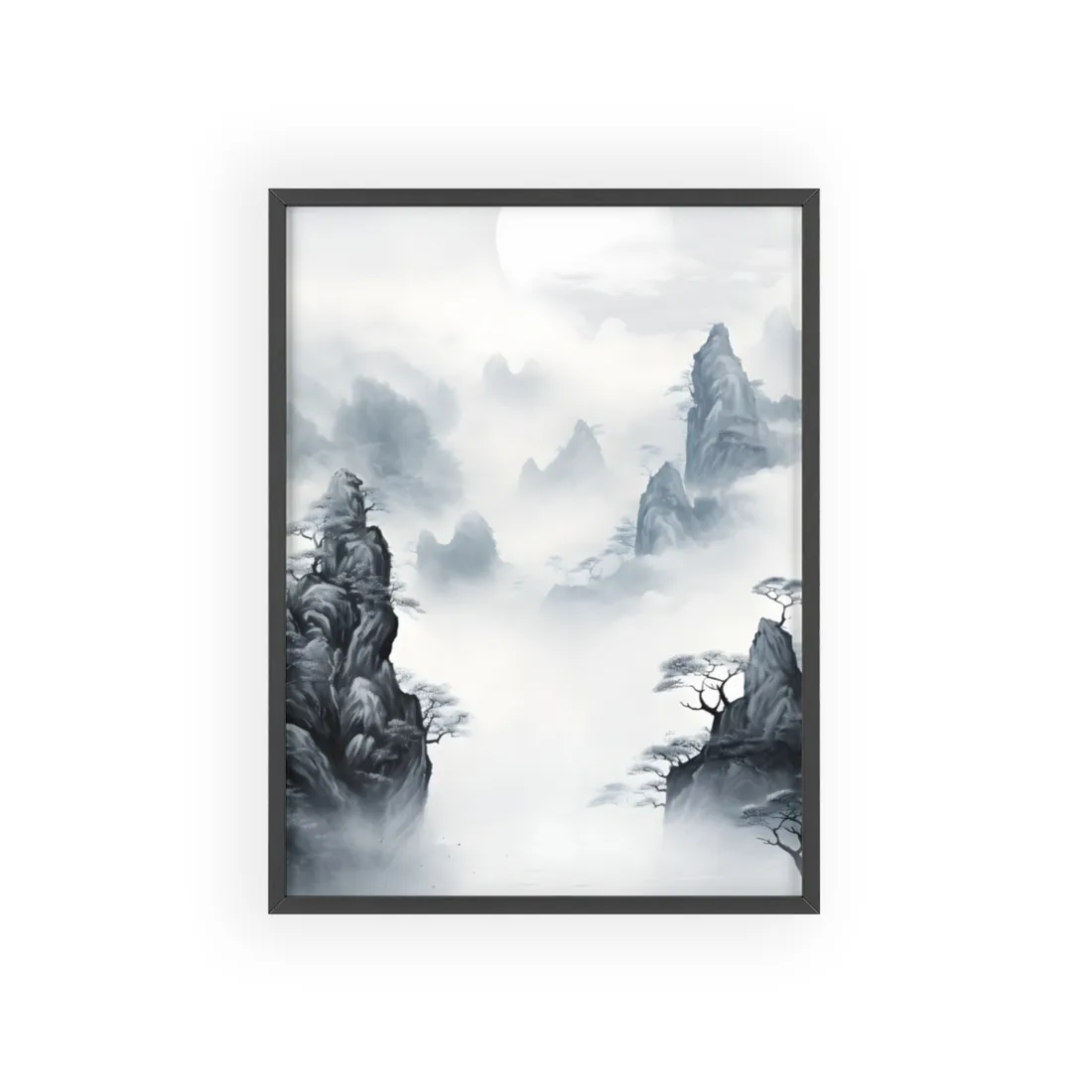 Serene Chinese Ink Landscape: Mirrored Lakes - Framed Poster