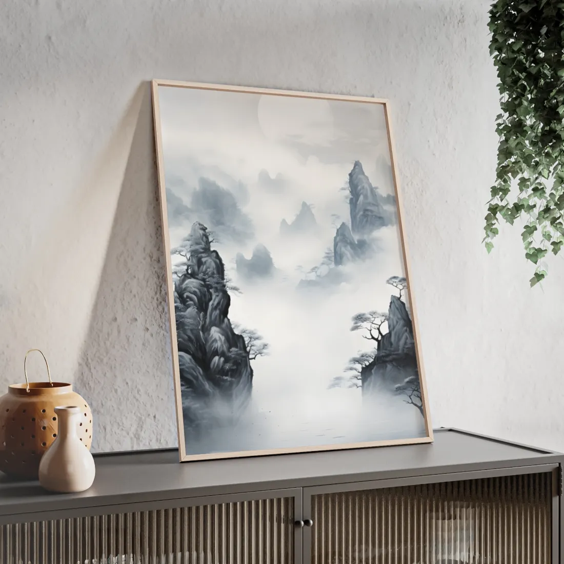 Serene Chinese Ink Landscape: Mirrored Lakes - Framed Poster