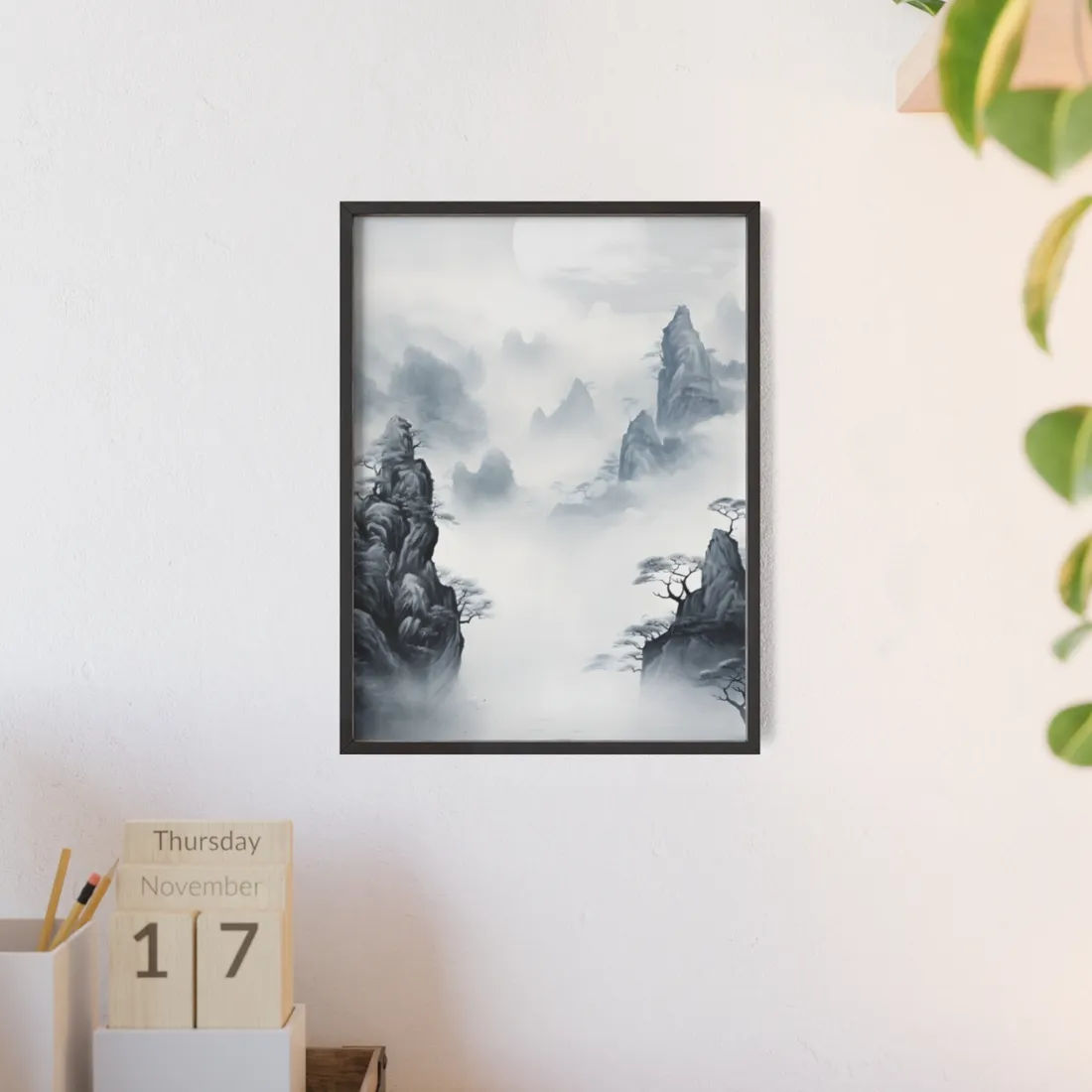 Serene Chinese Ink Landscape: Mirrored Lakes - Framed Poster