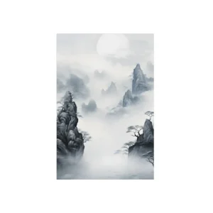 Misty Mountain Landscape with Moon Metal Poster