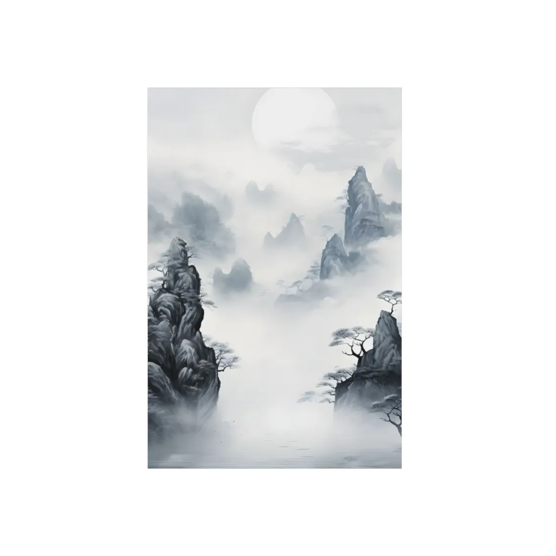 Serene Chinese Ink Landscape: Mirrored Lakes - Metal Poster