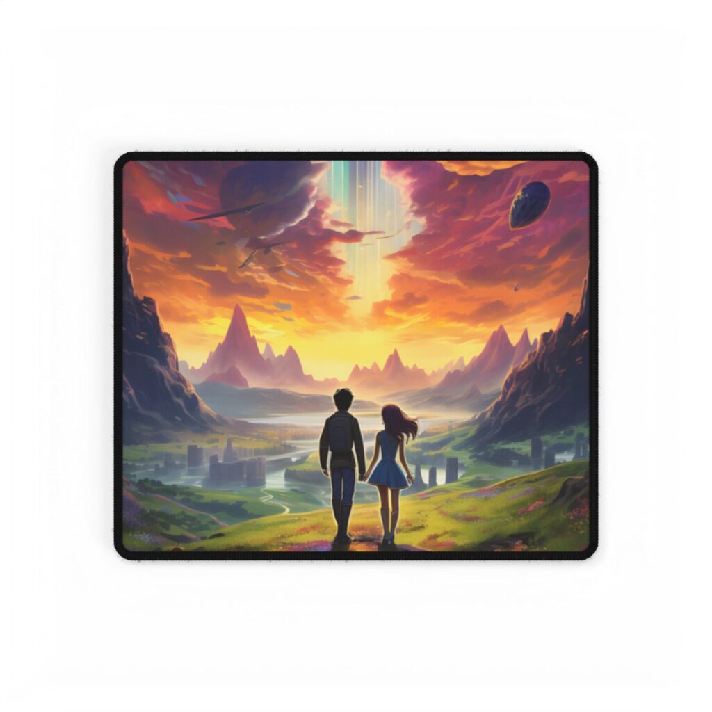 Serene Cloudy Meadow: Girl & Boy on Hill - Desk Mat