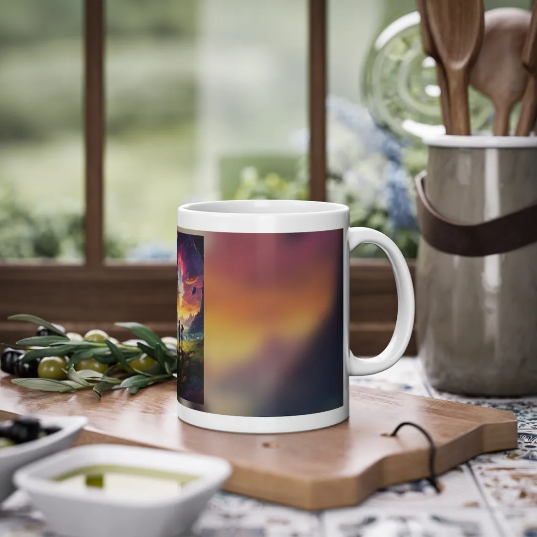 Serene Cloudy Meadow: Girl & Boy on Hill - Mug