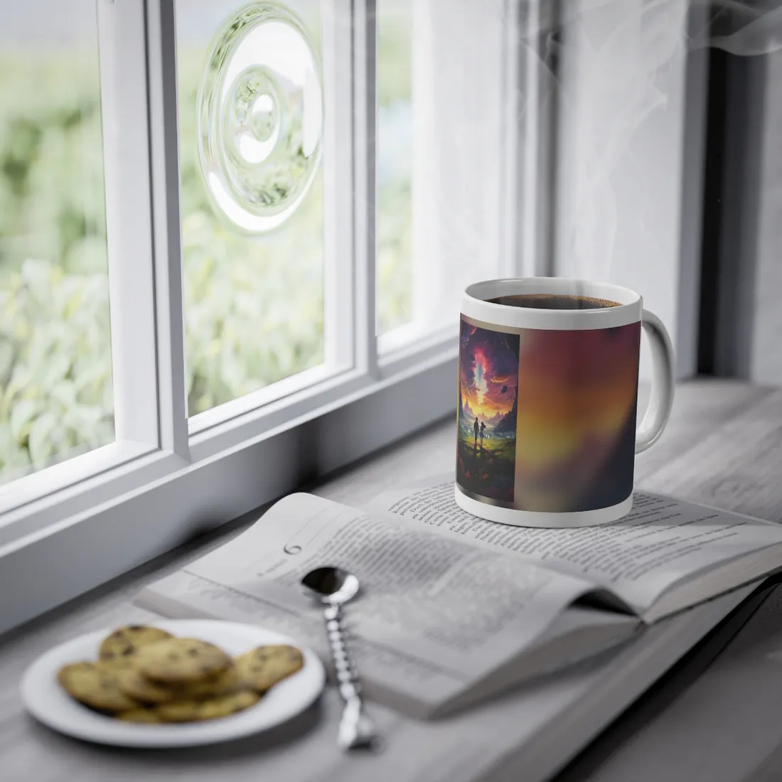 Serene Cloudy Meadow: Girl & Boy on Hill - Mug