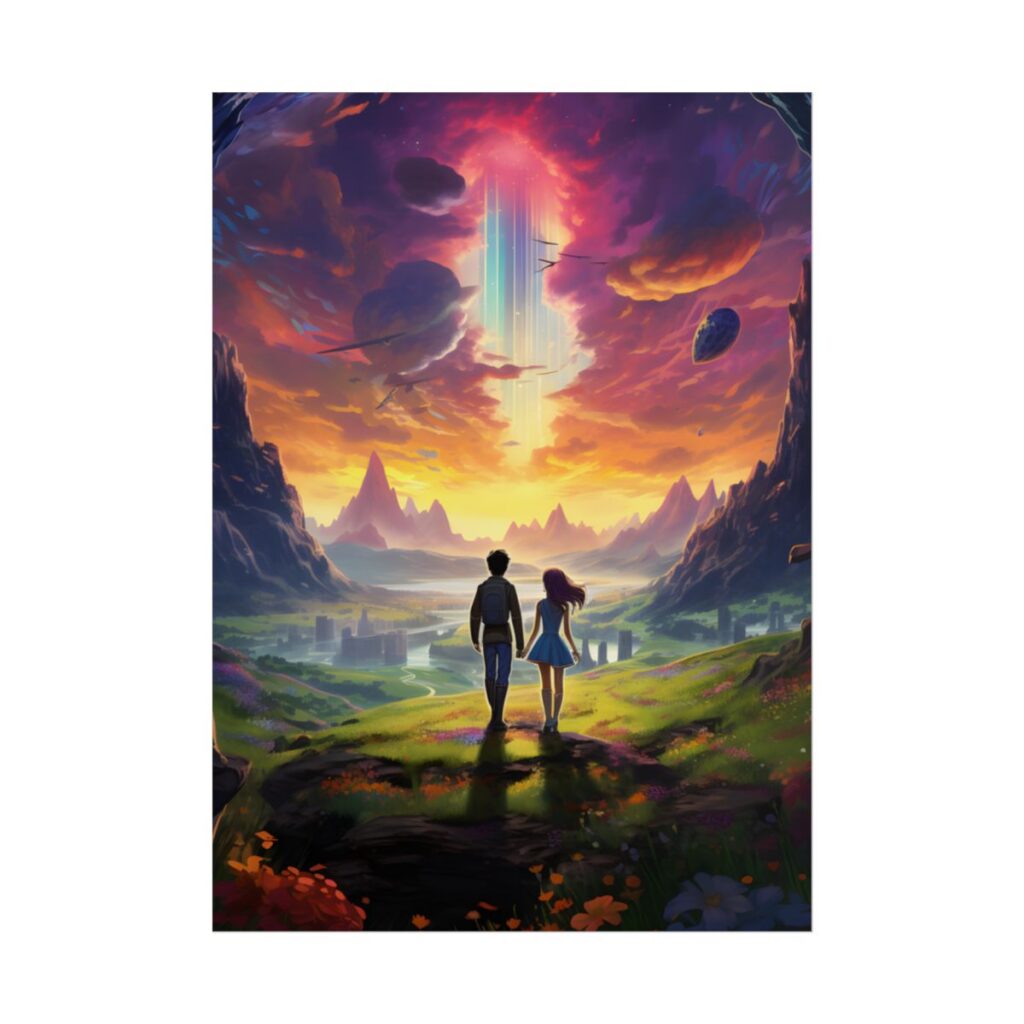 Serene Cloudy Meadow: Girl & Boy on Hill - Poster