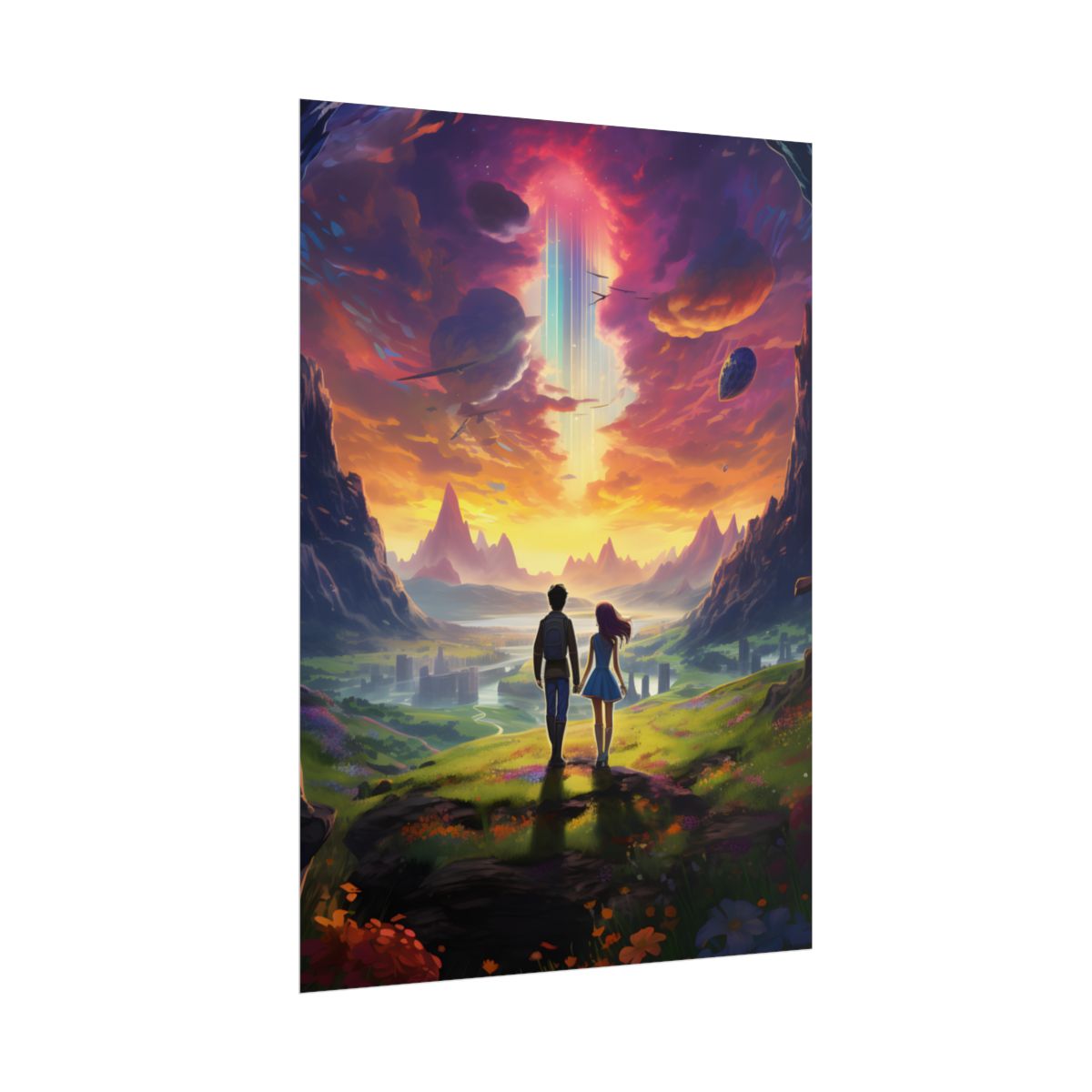 Serene Cloudy Meadow: Girl & Boy on Hill - Poster