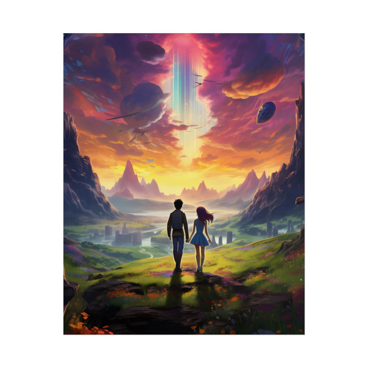 Serene Cloudy Meadow: Girl & Boy on Hill - Poster