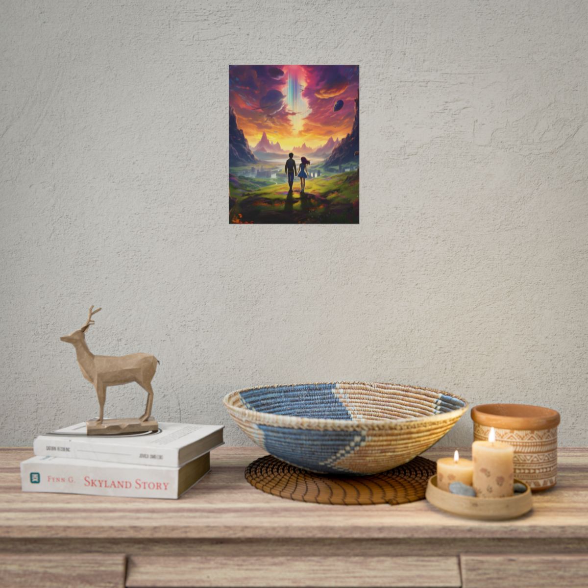 Serene Cloudy Meadow: Girl & Boy on Hill - Poster