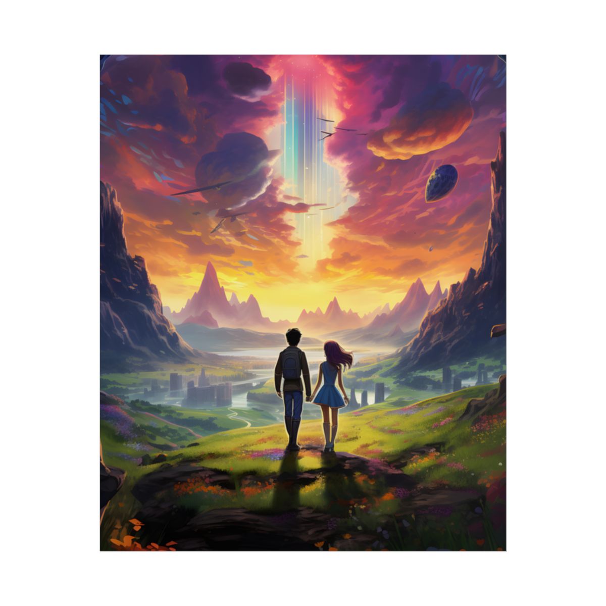 Serene Cloudy Meadow: Girl & Boy on Hill - Poster