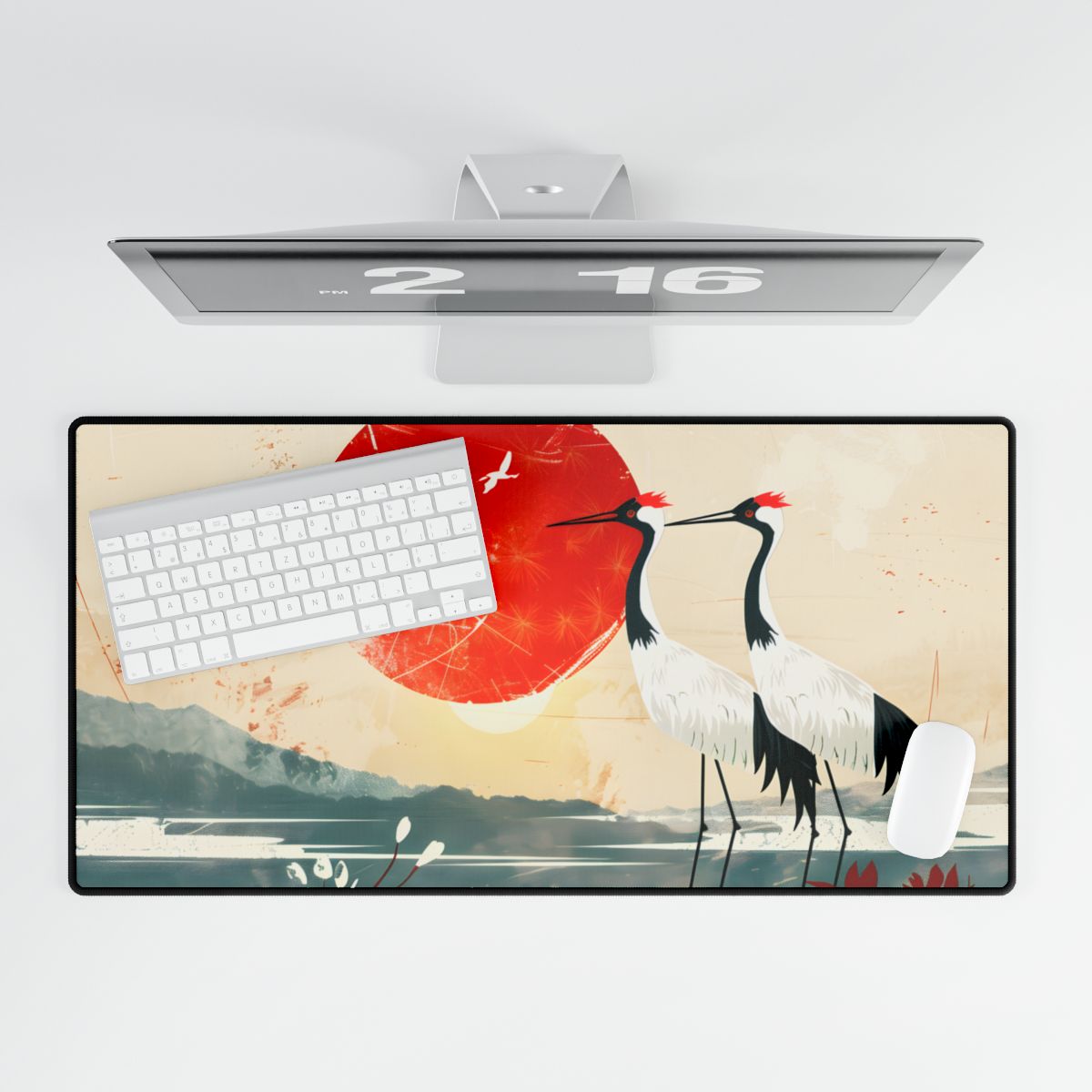 Serene Crane Landscape: Two Industrial Cranes in Nature - Desk Mat