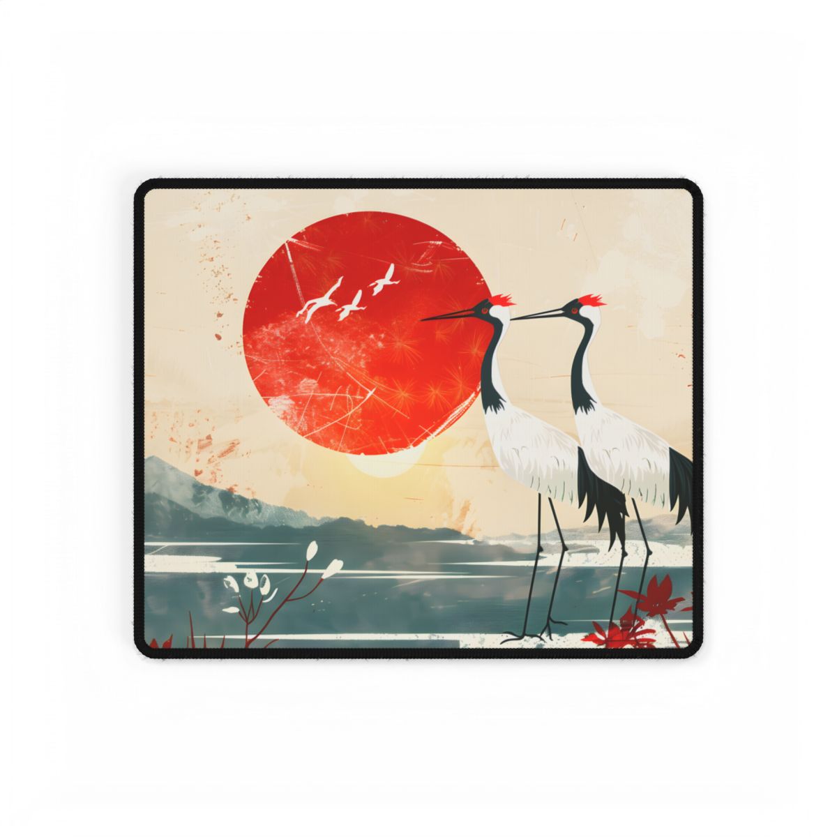 Serene Crane Landscape: Two Industrial Cranes in Nature - Desk Mat