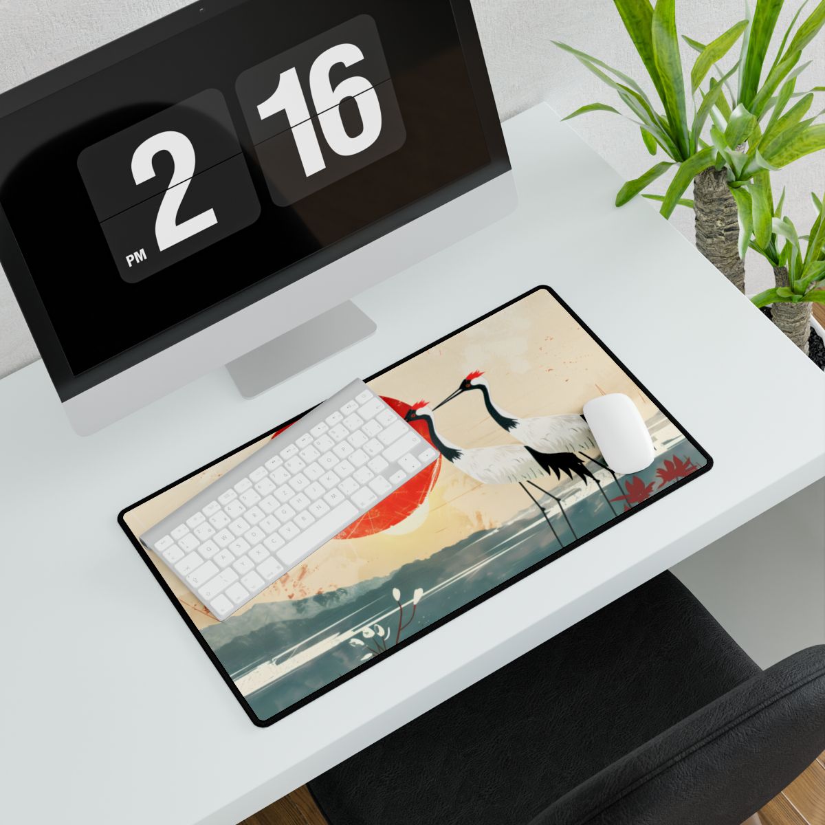 Serene Crane Landscape: Two Industrial Cranes in Nature - Desk Mat