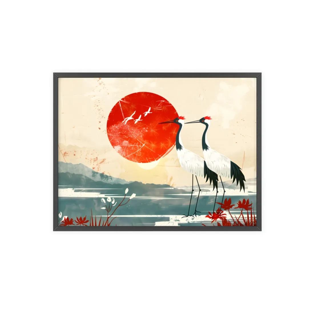 Serene Crane Landscape: Two Industrial Cranes in Nature - Framed Poster