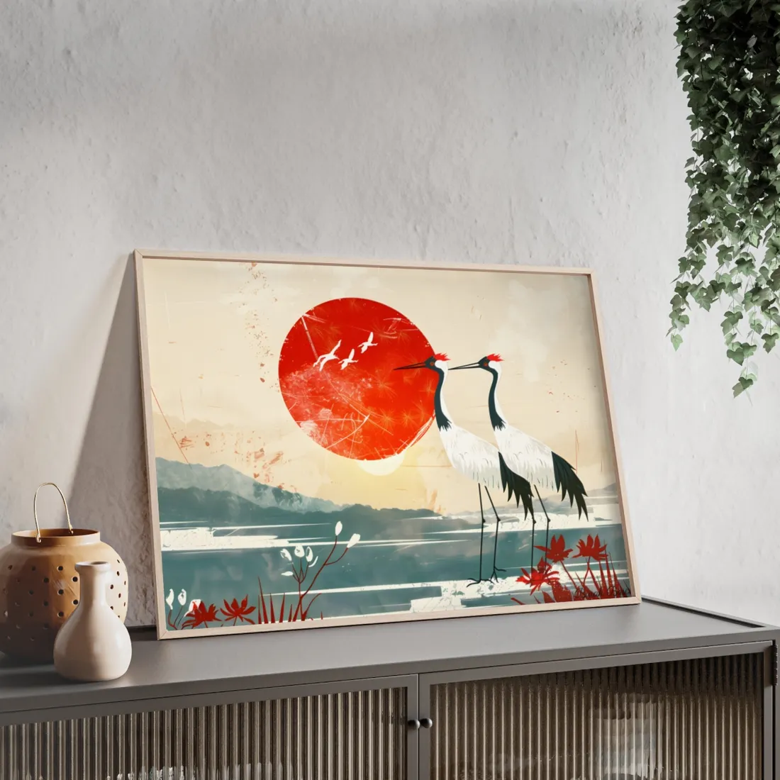 Serene Crane Landscape: Two Industrial Cranes in Nature - Framed Poster