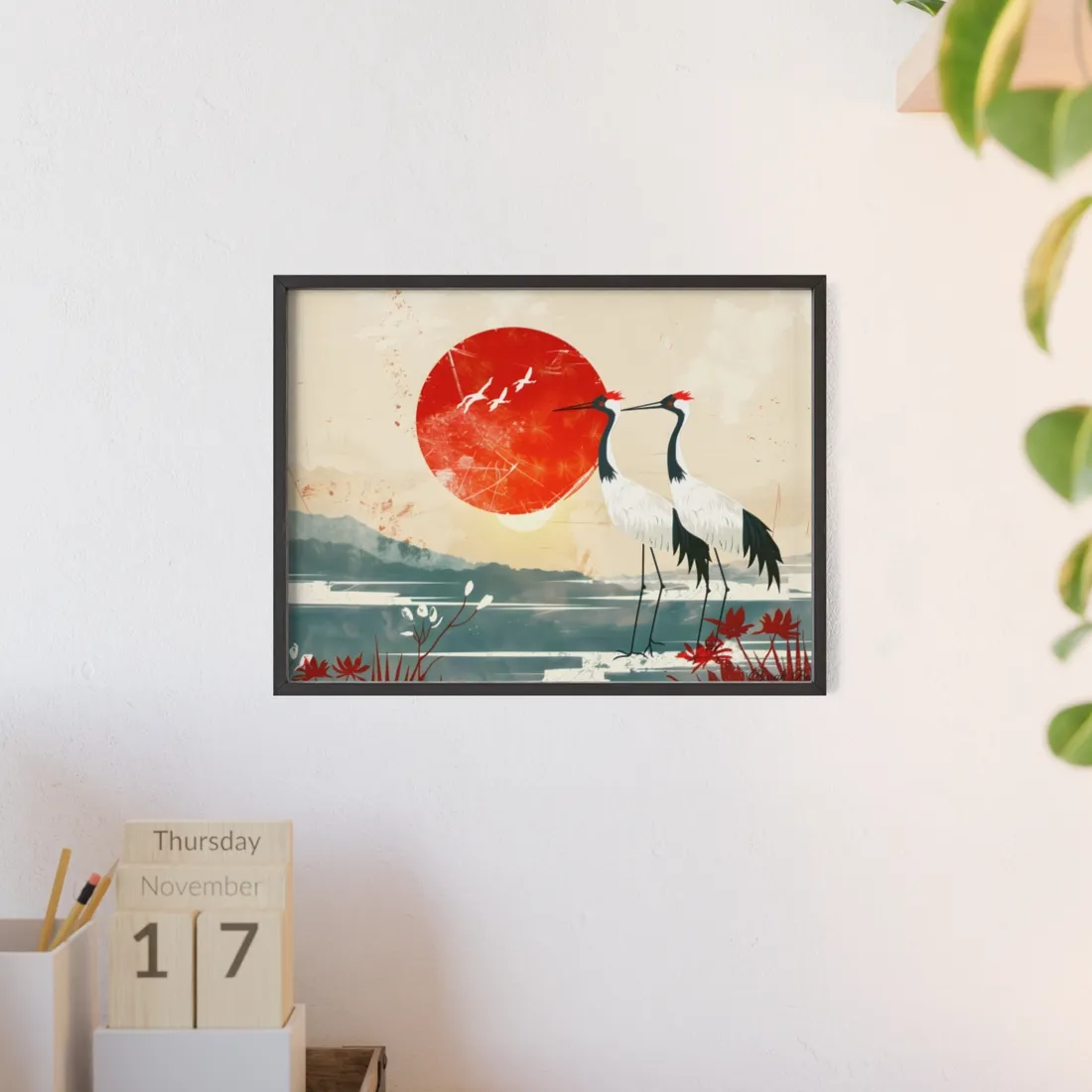 Serene Crane Landscape: Two Industrial Cranes in Nature - Framed Poster
