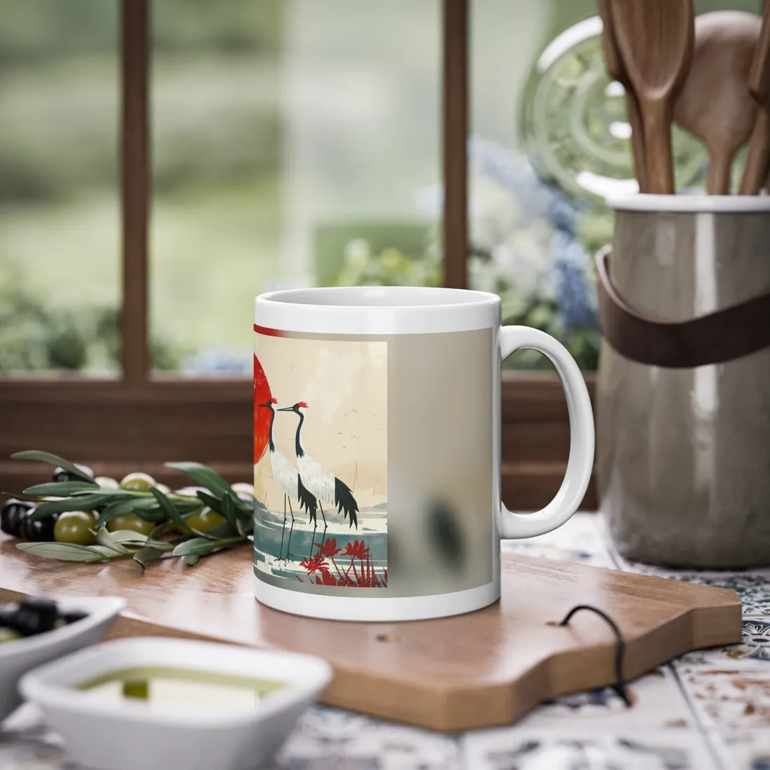 Serene Crane Landscape: Two Industrial Cranes in Nature - Mug