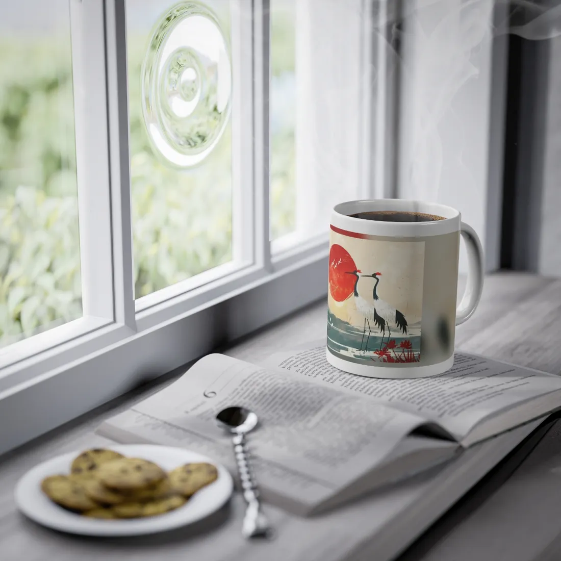 Serene Crane Landscape: Two Industrial Cranes in Nature - Mug