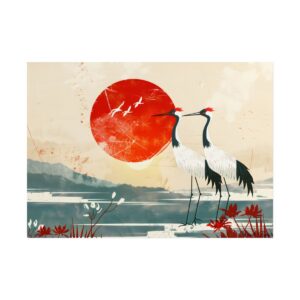 Red-Crowned Cranes and Sun Poster