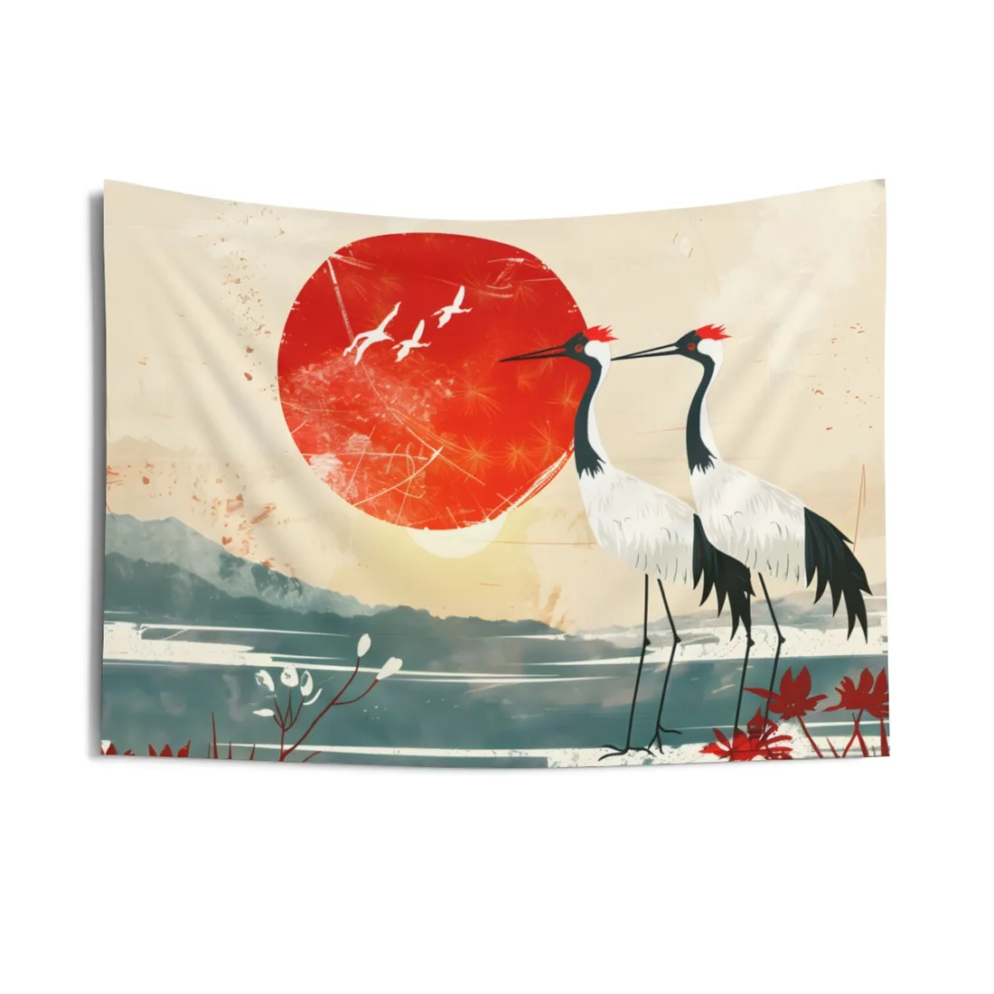 Serene Crane Landscape: Two Industrial Cranes in Nature - Wall Tapestry