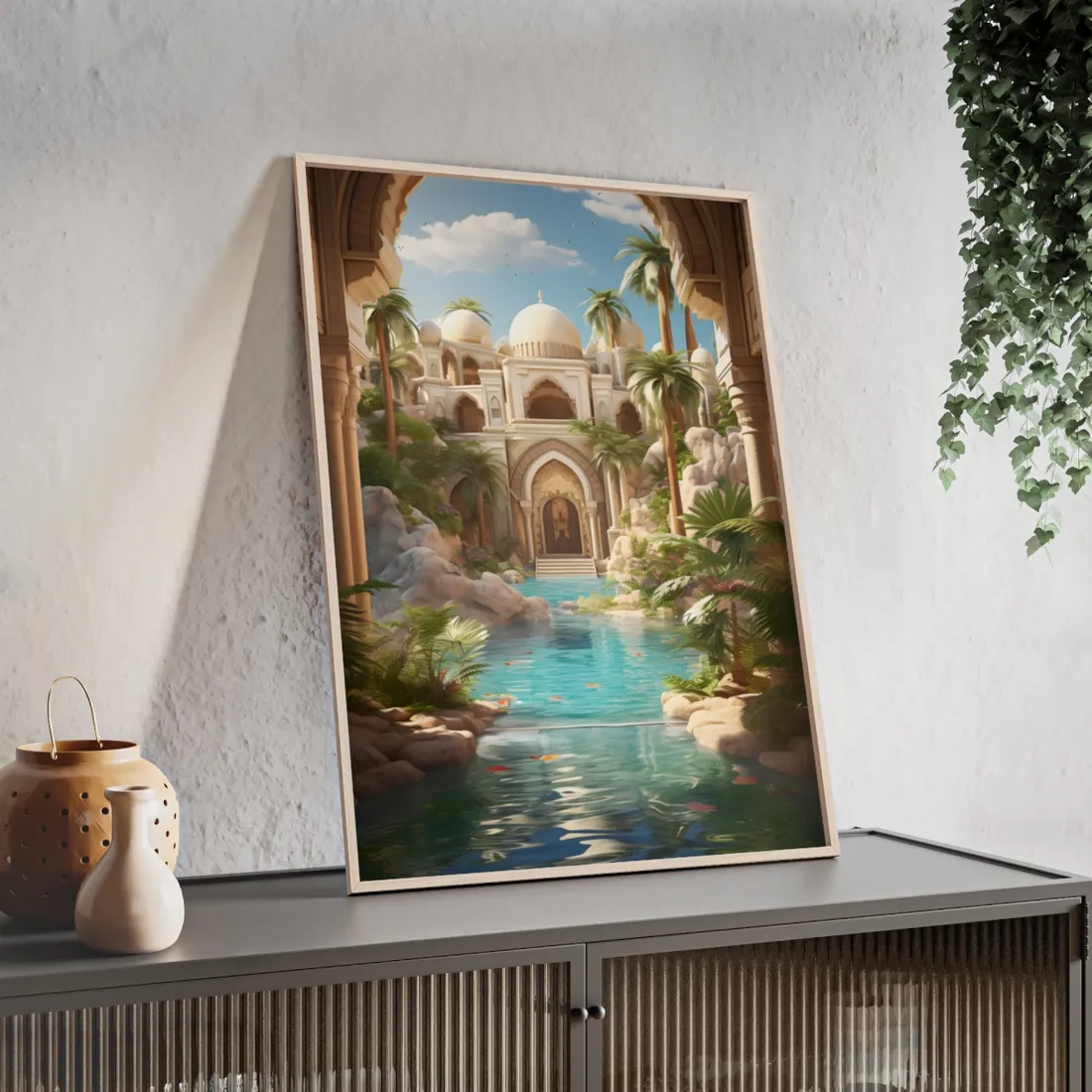 Serene Desert Oasis: Arabian Nights-Inspired - Framed Poster