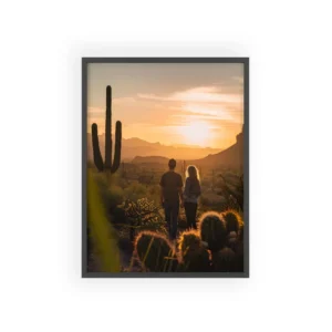Couple Walking Desert at Sunset Framed Poster