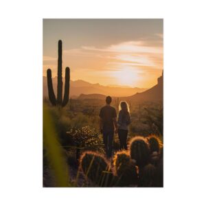 Couple Walking Desert at Sunset Poster