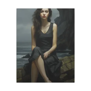 Woman Sitting on Rocky Coast Canvas Print