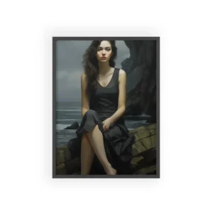 Woman Sitting on Rocky Coast Framed Poster