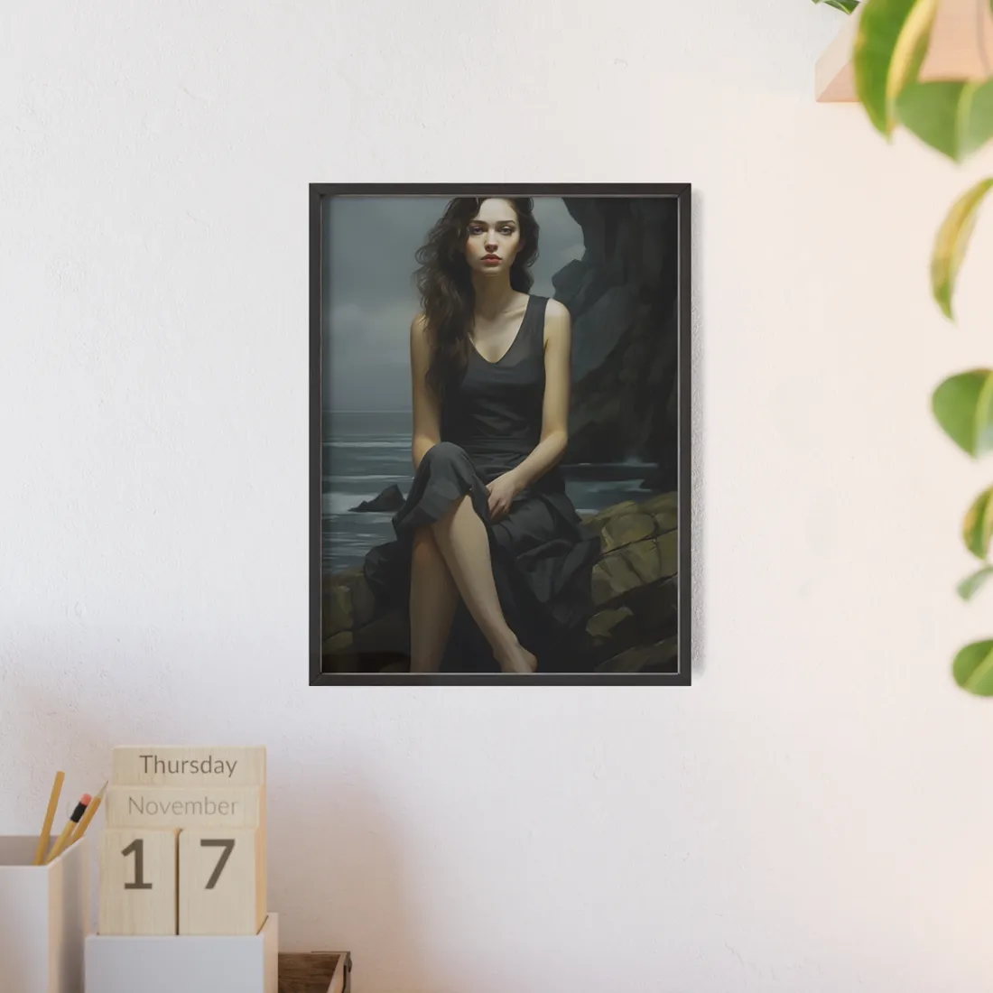 Serene Face with Glasses: Neutral Expression Art - Framed Poster