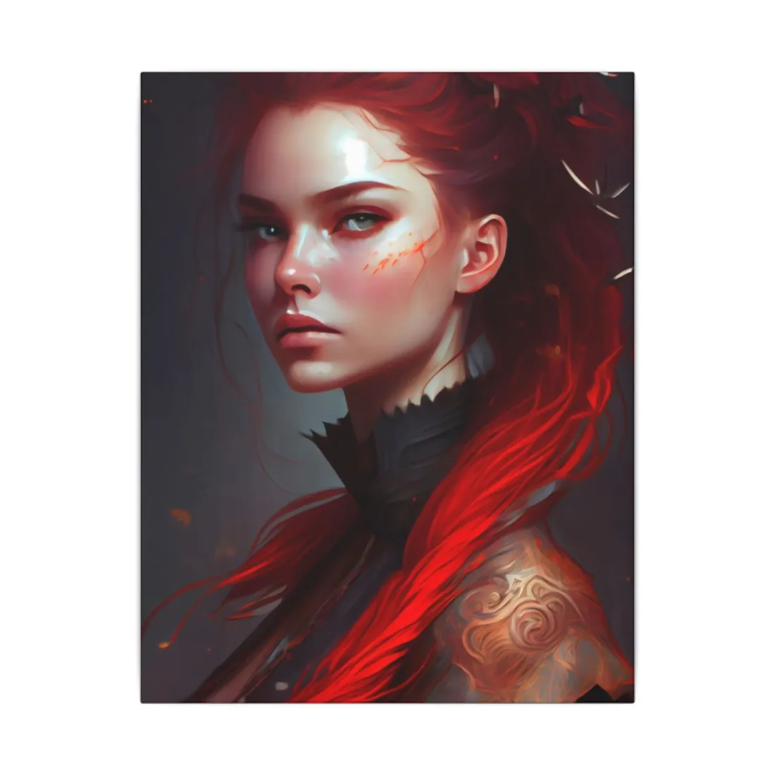 Serene Female Portrait: Red Hair Artwork in Elegant Dressing - Canvas