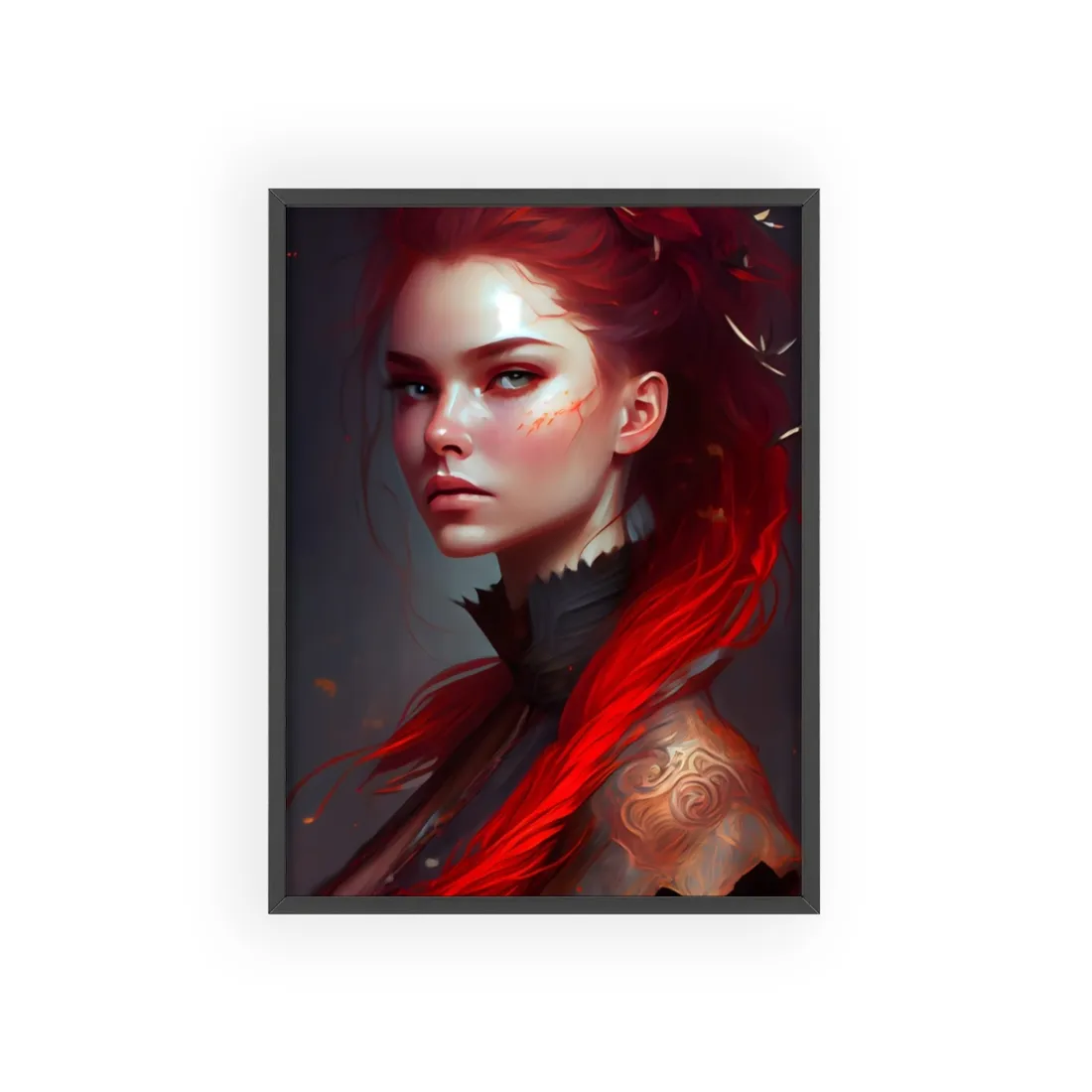 Serene Female Portrait: Red Hair Artwork in Elegant Dressing - Framed Poster