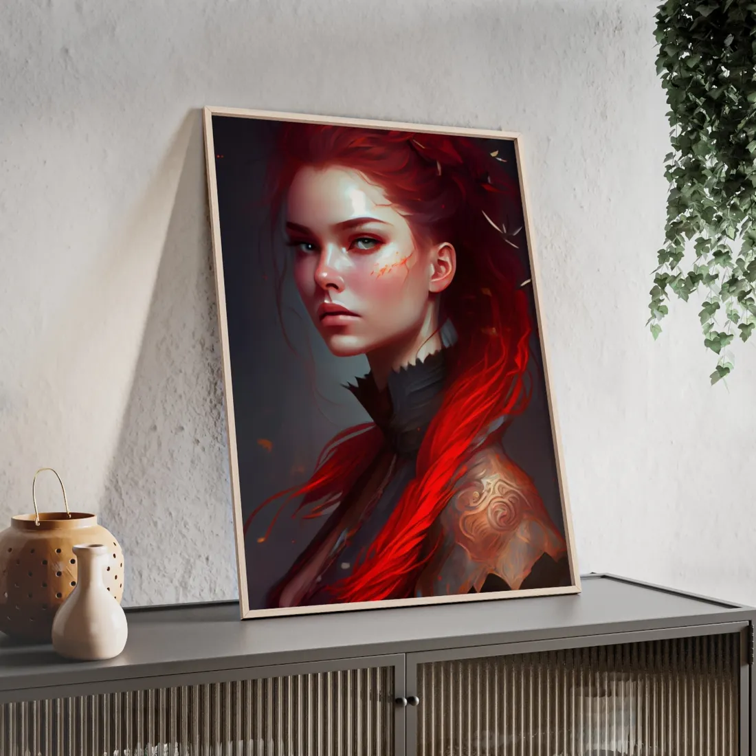 Serene Female Portrait: Red Hair Artwork in Elegant Dressing - Framed Poster