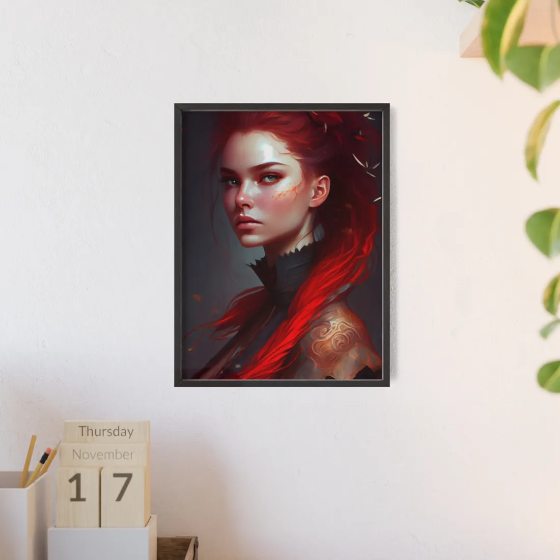 Serene Female Portrait: Red Hair Artwork in Elegant Dressing - Framed Poster
