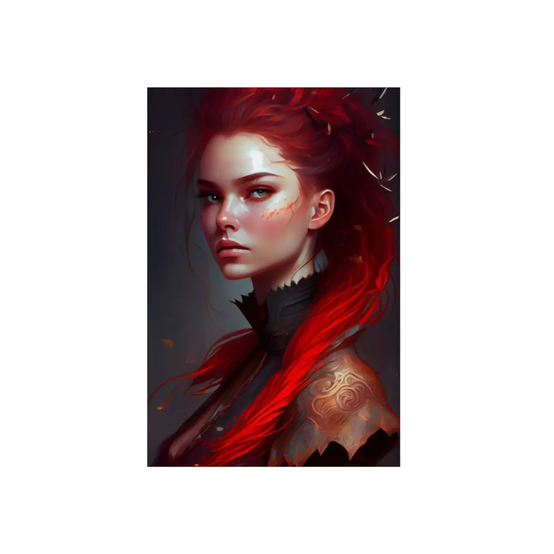 Serene Female Portrait: Red Hair Artwork in Elegant Dressing - Metal Poster