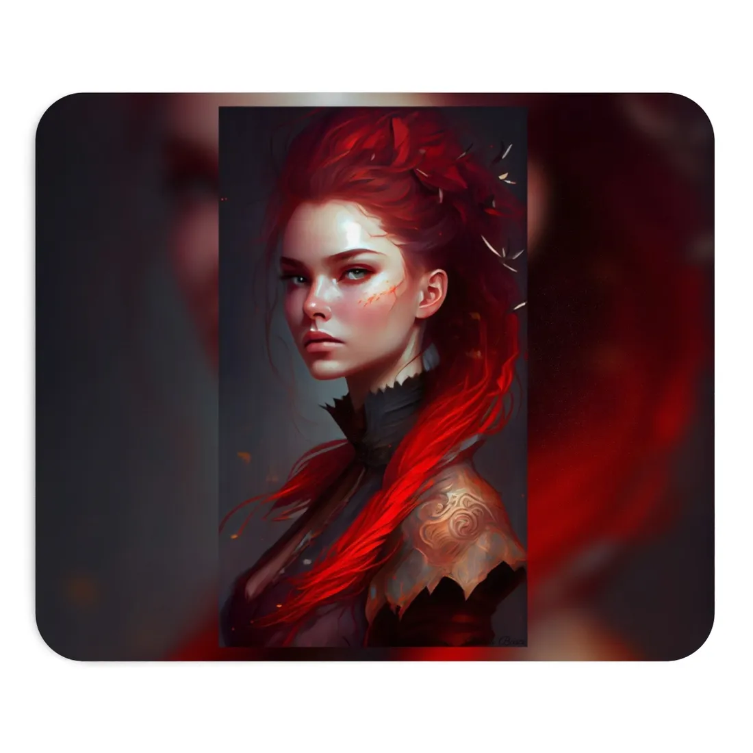 Serene Female Portrait: Red Hair Artwork in Elegant Dressing - Mouse Pad