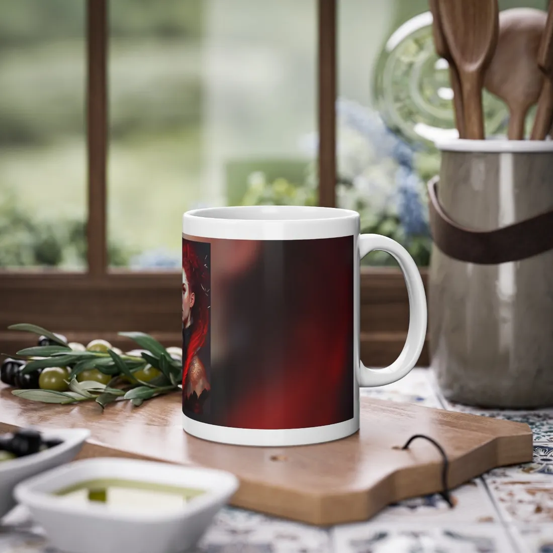 Serene Female Portrait: Red Hair Artwork in Elegant Dressing - Mug