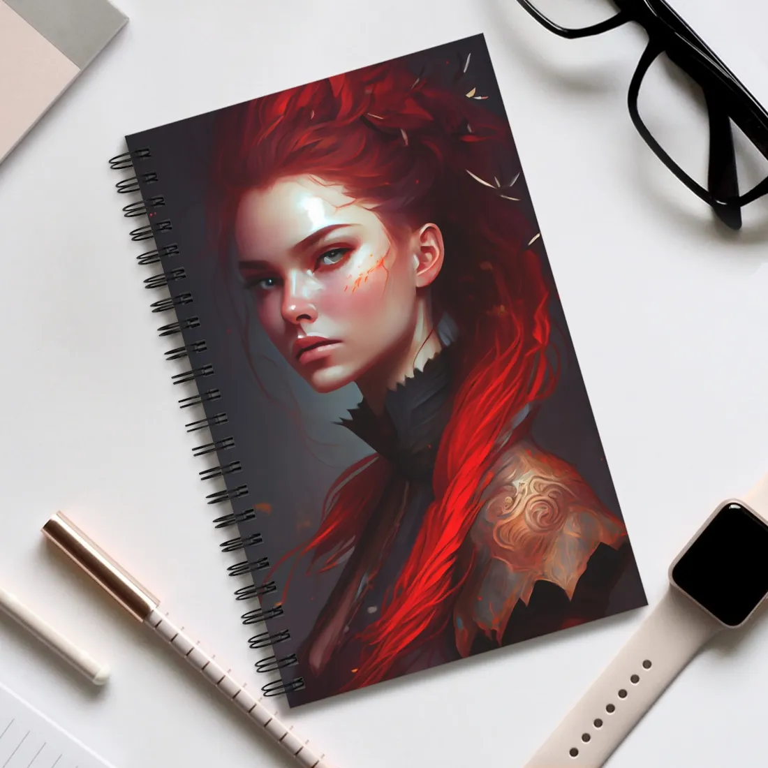 Serene Female Portrait: Red Hair Artwork in Elegant Dressing - Spiral Notebook