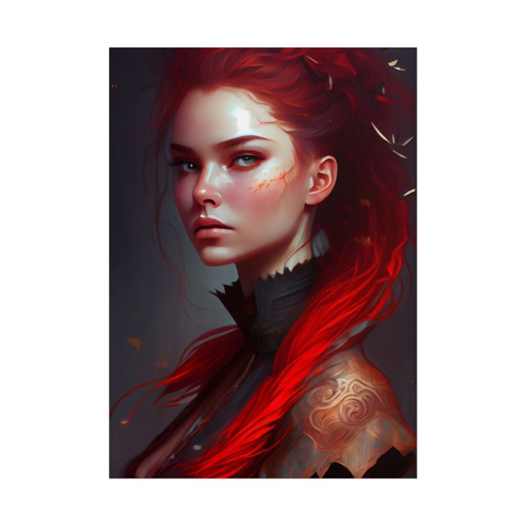 Serene Female Portrait: Red Hair Artwork in Elegant Dressing - Poster