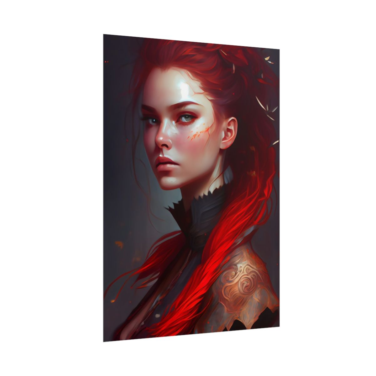 Serene Female Portrait: Red Hair Artwork in Elegant Dressing - Poster