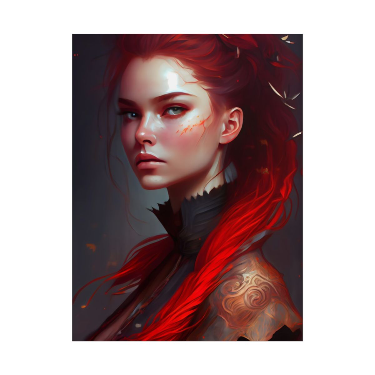 Serene Female Portrait: Red Hair Artwork in Elegant Dressing - Poster